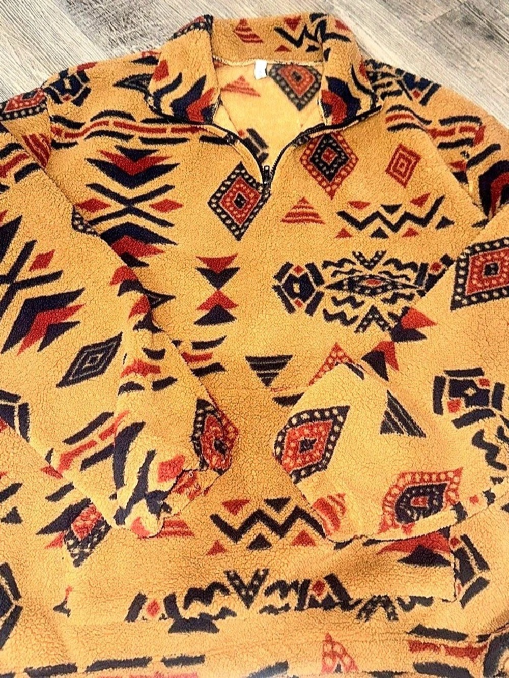 Zaful Ethnic Aztec Printed Quarter Zip Design Fluffy Faux Shearling Pullover